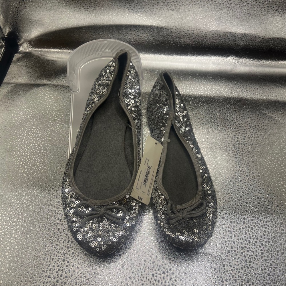 Silver Sequin Ballet Flats Round Toe Bow Accent Sparkly Party Shoes Womens 8